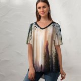 yanfind V Neck T-shirt for Women Thiago Garcia Fantasy Girl Alone Forest Mystic Surreal Portal Dream Summer Top  Short Sleeve Casual Loose