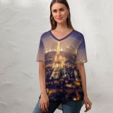yanfind V Neck T-shirt for Women Andrés Nieto Porras Eiffel Tower Paris Night Time City Lights Cityscape Tourist Summer Top  Short Sleeve Casual Loose