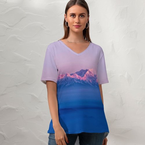 yanfind V Neck T-shirt for Women Himalayas Mountain Range Sunrise Winter Above Clouds Mountains Summer Top  Short Sleeve Casual Loose