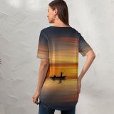 yanfind V Neck T-shirt for Women Johannes Plenio Seascape Dawn Dusk Evening Boating Reflections Summer Top  Short Sleeve Casual Loose