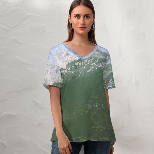 yanfind V Neck T-shirt for Women Wave Waves Ocean Surf Surfing Beach Wind Sea Tide Sky Sports Summer Top  Short Sleeve Casual Loose
