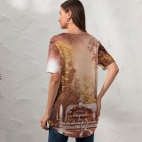 yanfind V Neck T-shirt for Women Comfreak Swan Forest Trees Sun Light Lake Summer Top  Short Sleeve Casual Loose