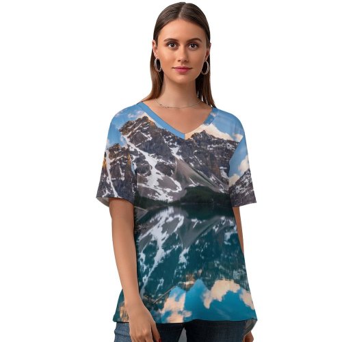 yanfind V Neck T-shirt for Women Glen Sinclair Moraine Lake Canada Reflection Sunset Landscape Mountain Peaks Snow Scenic Summer Top  Short Sleeve Casual Loose