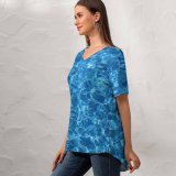 yanfind V Neck T-shirt for Women Texture Pool Liquid Aqua Cobalt Azure Electric Turquoise Design Summer Top  Short Sleeve Casual Loose