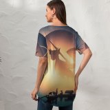 yanfind V Neck T-shirt for Women Thiago Garcia Fantasy Dragon Boats Planet Surreal Summer Top  Short Sleeve Casual Loose