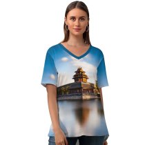 yanfind V Neck T-shirt for Women Forbidden City Beijing China Moat Imperial Palace Ming Dynasty Exposure UNESCO Heritage Summer Top  Short Sleeve Casual Loose