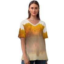 yanfind V Neck T-shirt for Women Autumn Trees Sunflare Sunrise Reflection Lake Morning Fog Summer Top  Short Sleeve Casual Loose
