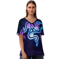 yanfind V Neck T-shirt for Women Technology Quotes Games Razer For Gamers By Gamers Neon Summer Top  Short Sleeve Casual Loose