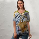 yanfind V Neck T-shirt for Women Bengal Tiger Wild Big Cat Summer Top  Short Sleeve Casual Loose