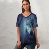 yanfind V Neck T-shirt for Women Black Dark Wolf Eyes Snowfall Winter Night Forest Summer Top  Short Sleeve Casual Loose