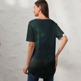 yanfind V Neck T-shirt for Women Berduu Black Dark Moon Mountains Night Dark Forest Summer Top  Short Sleeve Casual Loose