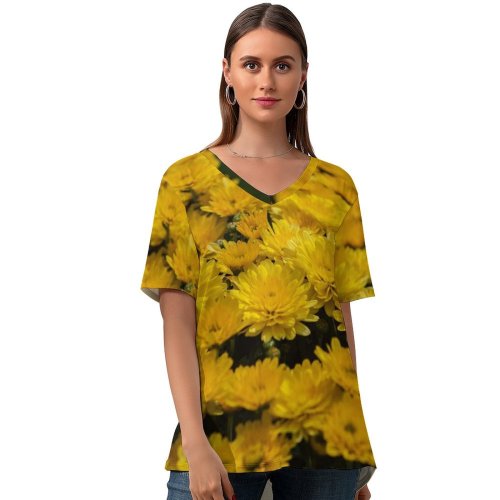 yanfind V Neck T-shirt for Women Autumn Ogorod Flowers Wallpapers Plant Garden Free Dandelion Daisy Flower Chrysanthemum Summer Top  Short Sleeve Casual Loose