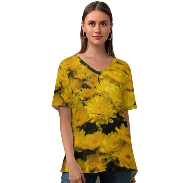 yanfind V Neck T-shirt for Women Autumn Ogorod Flowers Wallpapers Plant Garden Free Dandelion Daisy Flower Chrysanthemum Summer Top  Short Sleeve Casual Loose