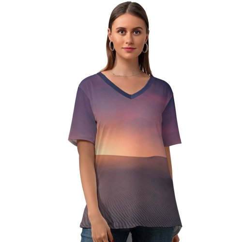 yanfind V Neck T-shirt for Women Massimiliano Morosinotto Desert Sand Canary Islands Spain Sunlight Stars Landscape Summer Top  Short Sleeve Casual Loose