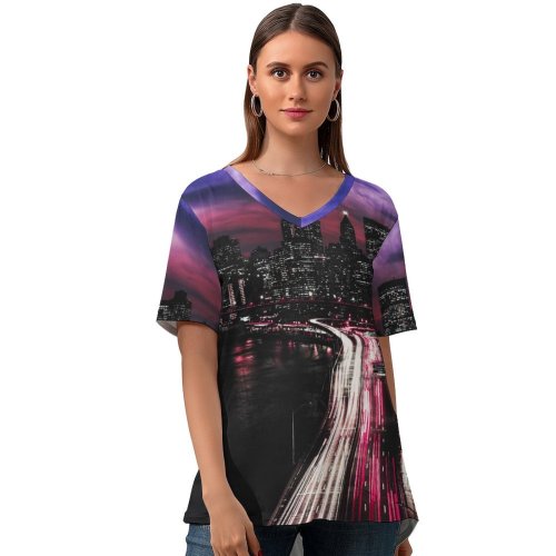 yanfind V Neck T-shirt for Women Matteo Catanese York City Manhattan Traffic Lights Light Trails Night Cityscape City Summer Top  Short Sleeve Casual Loose
