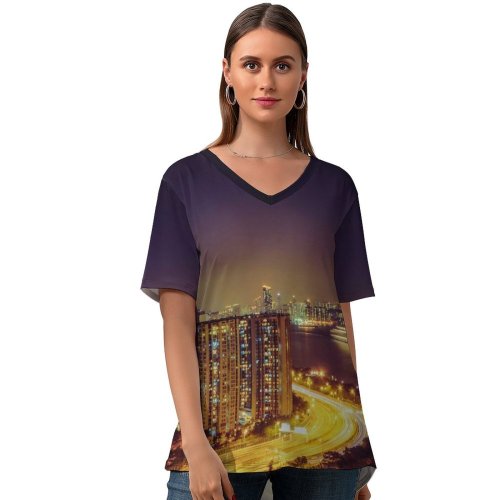yanfind V Neck T-shirt for Women Nattu Adnan Quarry Bay Park Hong Kong City Cityscape Night Time City Summer Top  Short Sleeve Casual Loose