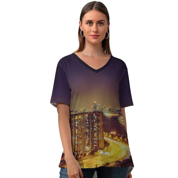 yanfind V Neck T-shirt for Women Nattu Adnan Quarry Bay Park Hong Kong City Cityscape Night Time City Summer Top  Short Sleeve Casual Loose