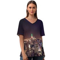yanfind V Neck T-shirt for Women York City Cityscape Lights Night Time Horizon Exposure Landmark Aerial Rockefeller Center Summer Top  Short Sleeve Casual Loose