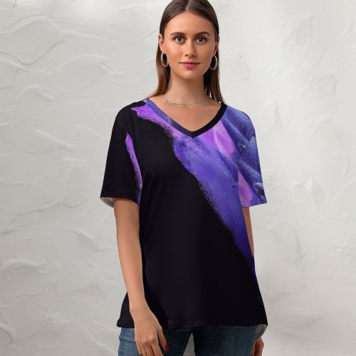 yanfind V Neck T-shirt for Women Abstract Galaxy S AMOLED Particles Purple Summer Top  Short Sleeve Casual Loose