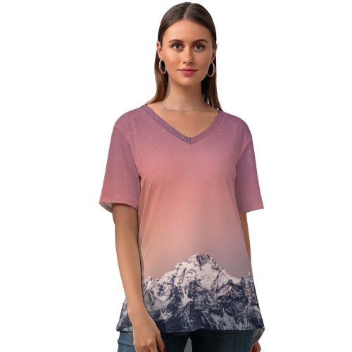 yanfind V Neck T-shirt for Women Marek Piwnicki Alps Mountains Mountain Range Italy Sky Starry Sky Snow Covered Summer Top  Short Sleeve Casual Loose