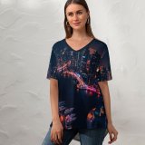 yanfind V Neck T-shirt for Women Daniel Zacatenco Dubai Marina United Arab Emirates Boats Cityscape Modern Architecture Night Summer Top  Short Sleeve Casual Loose