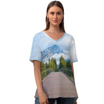 yanfind V Neck T-shirt for Women Viktor Wooden Bridge Banff National Park Trees Mountain Peak Cloudy Sky Landscape Summer Top  Short Sleeve Casual Loose