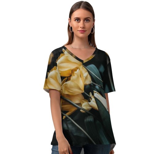 yanfind V Neck T-shirt for Women Arrangement Bouquet Floral Flor Flora Stem Naturaleza Wallpapers Plant Amarilla Tulip Summer Top  Short Sleeve Casual Loose