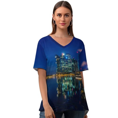 yanfind V Neck T-shirt for Women Anek Suwannaphoom Singapore Marina Bay Sands Downtown Cityscape City Lights Night Reflections Summer Top  Short Sleeve Casual Loose