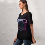 yanfind V Neck T-shirt for Women Robert Shunev Dark Vintage Camera Purple Light SLR Summer Top  Short Sleeve Casual Loose
