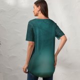 yanfind V Neck T-shirt for Women Dorothe Forest Path Foggy Morning Teal Turquoise Trees Summer Top  Short Sleeve Casual Loose