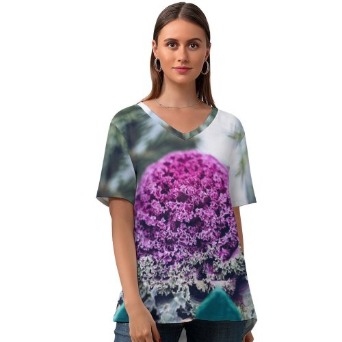 yanfind V Neck T-shirt for Women Floral Flush Magenta Wallpapers Plant Beauty Cabbage Relax Kale Free Natural Summer Top  Short Sleeve Casual Loose