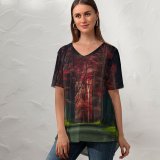 yanfind V Neck T-shirt for Women Hmetosche Forest Road Trees Woods Sunset Autumn Forest Dawn Pathway Scenic Summer Top  Short Sleeve Casual Loose
