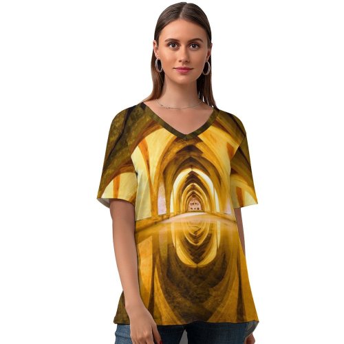 yanfind V Neck T-shirt for Women Bertrand P Architecture Ancient Real Alcazar Seville Royal Palace Spain Summer Top  Short Sleeve Casual Loose