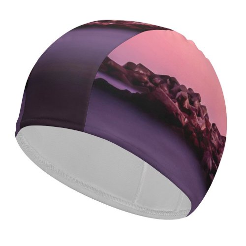 yanfind Swimming Cap Everaldo Coelho Lighthouse Hour  Purple Sky Rocks Seashore Sunset Elastic,suitable for long and short hair