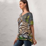yanfind V Neck T-shirt for Women Tambako Jaguar Young Tigress Carnivore Autumn Leaves Grass Wild Big Cat Predator Summer Top  Short Sleeve Casual Loose