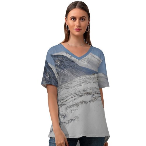 yanfind V Neck T-shirt for Women Snow Mountains Scottish Highlands Point Ice Rocks Mountainous Landforms Mountain Range Glacial Summer Top  Short Sleeve Casual Loose