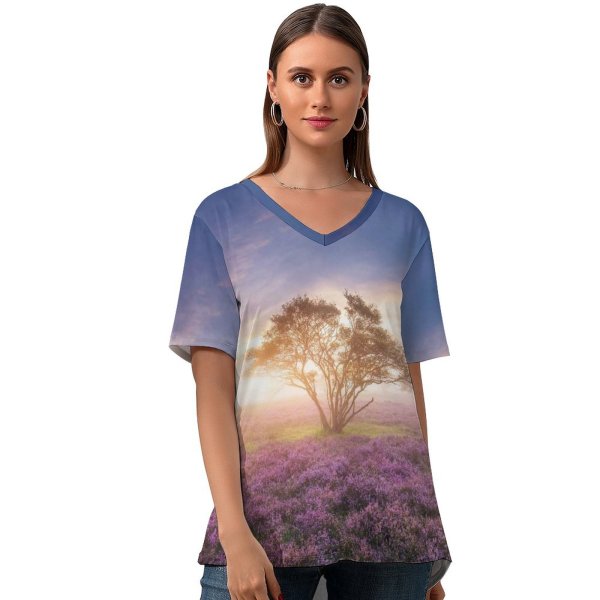yanfind V Neck T-shirt for Women Gerard Spring Sunrise Bloom Purple Flowers Heath Summer Top  Short Sleeve Casual Loose