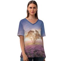 yanfind V Neck T-shirt for Women Gerard Spring Sunrise Bloom Purple Flowers Heath Summer Top  Short Sleeve Casual Loose