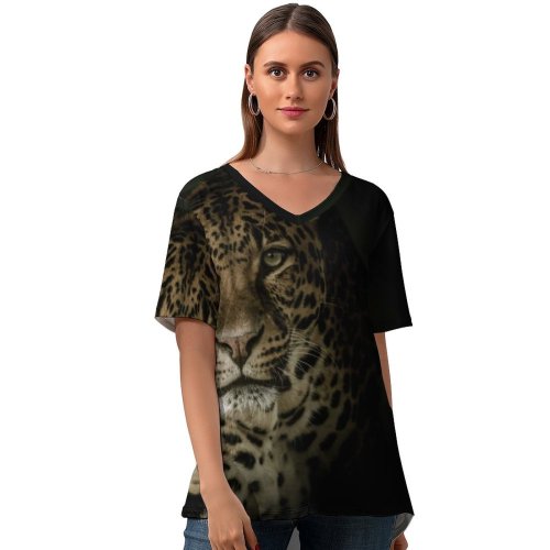 yanfind V Neck T-shirt for Women Black Dark Leopard Wild Dark Summer Top  Short Sleeve Casual Loose