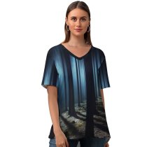 yanfind V Neck T-shirt for Women Hmetosche Dark Forest Woods Night Time Dark Tall Trees Haunted Mystery Summer Top  Short Sleeve Casual Loose