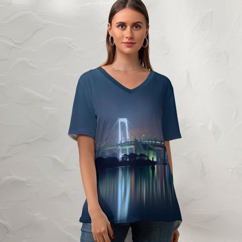 yanfind V Neck T-shirt for Women Nihongraphy Rainbow Bridge Tokyo Japan Suspension Bridge Waterfront Silhouette Cityscape City Lights Summer Top  Short Sleeve Casual Loose