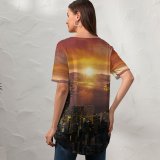yanfind V Neck T-shirt for Women Anek Suwannaphoom Hong Kong Cityscape Sunrise City Lights Summer Top  Short Sleeve Casual Loose