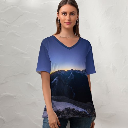 yanfind V Neck T-shirt for Women Neil Rosenstech Sulphur Trail Hiking Trail Jasper National Park Canada Mountain Range Summer Top  Short Sleeve Casual Loose