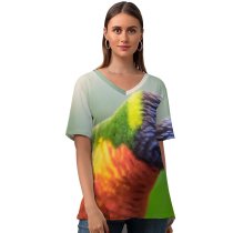 yanfind V Neck T-shirt for Women William Warby Rainbow Lorikeet Colorful Closeup Bokeh Bird Summer Top  Short Sleeve Casual Loose