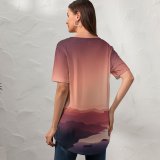 yanfind V Neck T-shirt for Women RmRadev Sunset Moon River Mountains Gradient Peach Summer Top  Short Sleeve Casual Loose