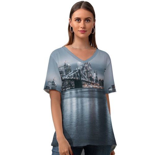 yanfind V Neck T-shirt for Women Lerone Pieters Brooklyn Cityscape Night City Lights York City Reflections USA Summer Top  Short Sleeve Casual Loose