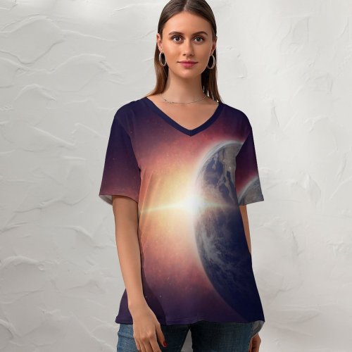 yanfind V Neck T-shirt for Women Comfreak Space Earth Planet Universe Space Travel Space Adventure Astronaut Sun Light Summer Top  Short Sleeve Casual Loose