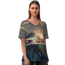 yanfind V Neck T-shirt for Women Fantasy Surreal Fishing Boat Sea Sunrise Underwater Summer Top  Short Sleeve Casual Loose