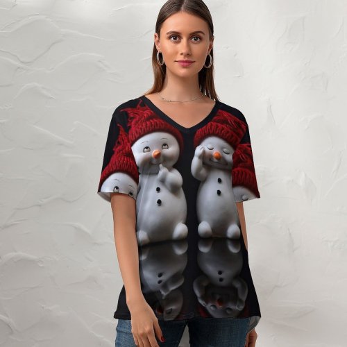 yanfind V Neck T-shirt for Women Black Dark Celebrations Christmas Cute Snowman Figures Christmas Decoration Cute Expressions Summer Top  Short Sleeve Casual Loose