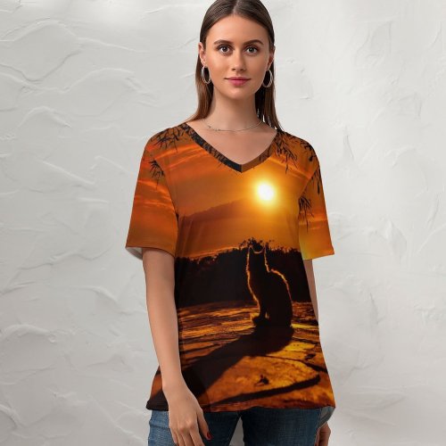 yanfind V Neck T-shirt for Women Elena Dudina Cat Silhouette Sunset Sky Tree Branches Summer Top  Short Sleeve Casual Loose